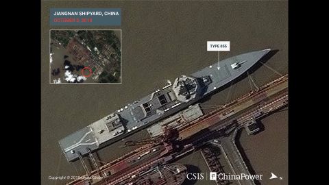 An annotated satellite image of a Type 055 destroyer waiting in the dock at Jiangnan shipyard outside of Shanghai.