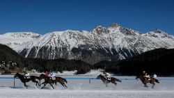 ST. MORITZ, SWITZERLAND - FEBRUARY 04:  Horses race over the snow during the sixth race of the White Turf race meeting held on the frozen surface of Lake St. Moritz on February 4, 2007 in St. Moritz, Switzerland. The White Turf meetings are held on three consecutive Sundays in February each year. This year, the international horse races of St. Moritz are celebrating their 100th anniversary. (Photo by Scott Barbour/Getty Images)