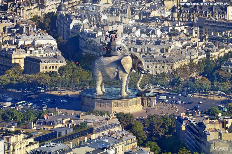 Instead of an imposing single arch, the Arc de Triomphe in Paris could have been an elephant statue. A rendering of the design, <a href="https://www.onstride.co.uk/blog/7-city-structures-never-built-brought-to-life/" target="_blank" target="_blank">commissioned by</a> financial services company On Stride, is shown here.