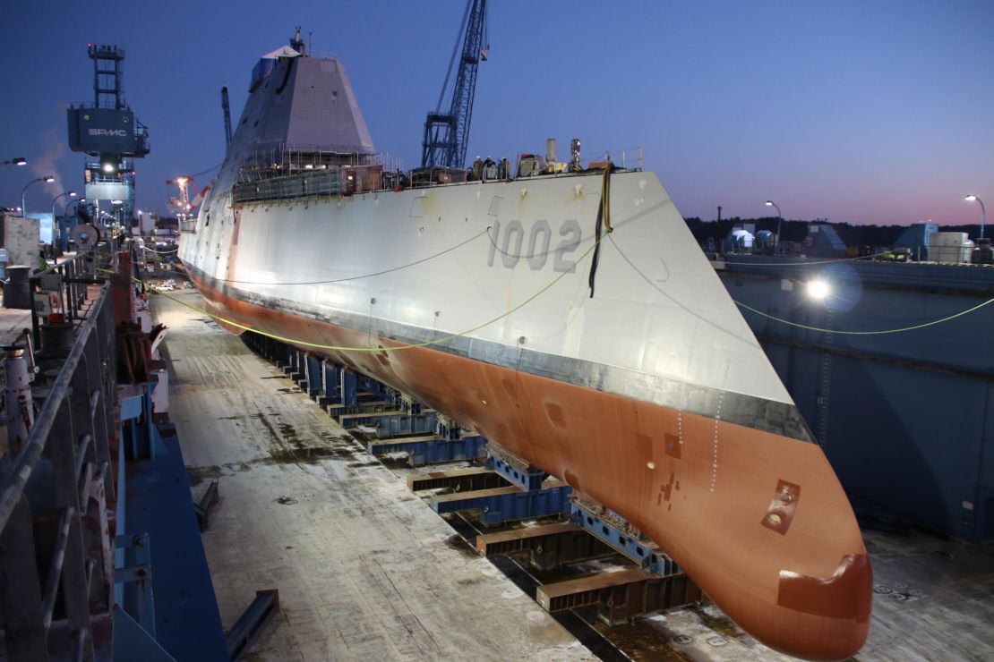 The future US stealth destroyer, USS Lyndon B. Johnson, is made ready before flooding of the dry dock in Maine in December.