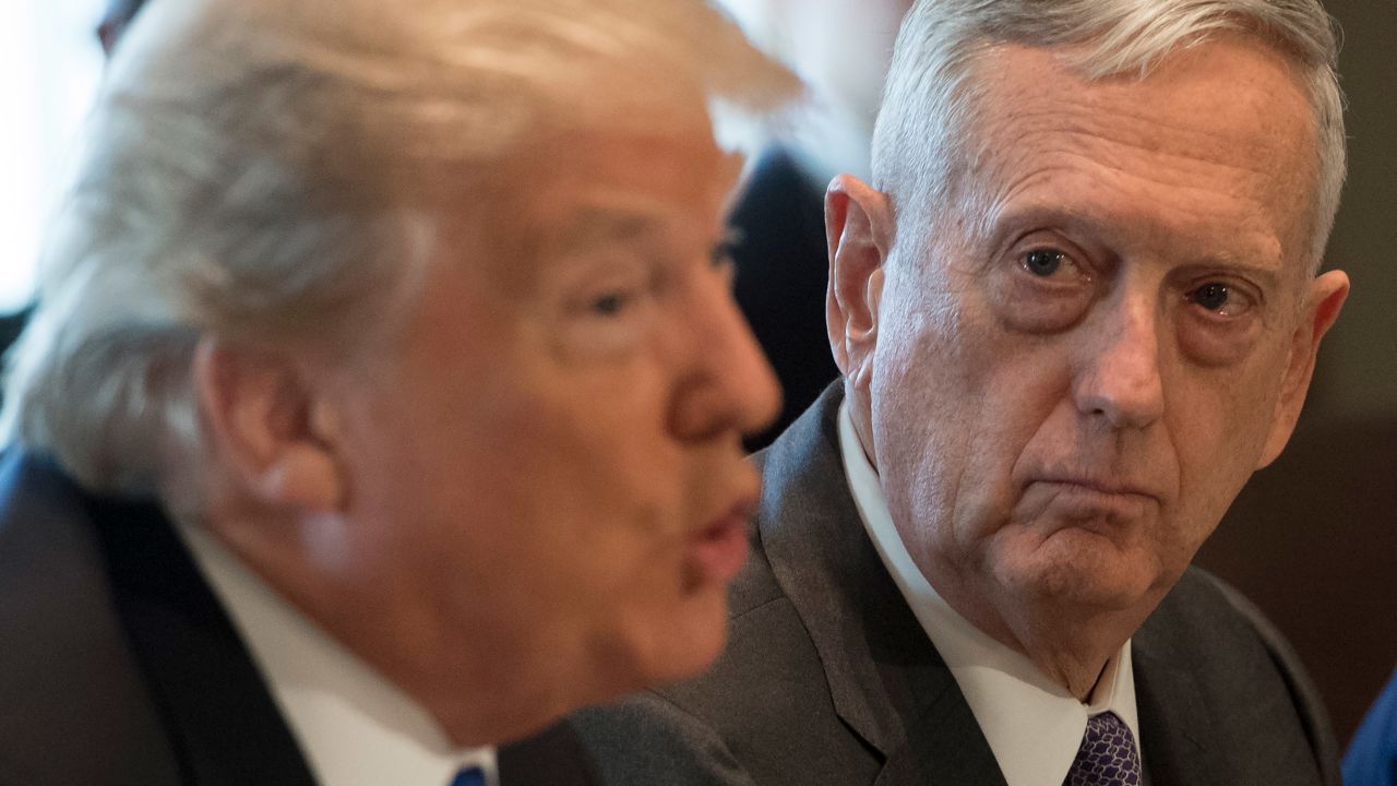 Trump speaks alongside his first Secretary of Defense, retired Gen. Jim Mattis on December 6, 2017.
