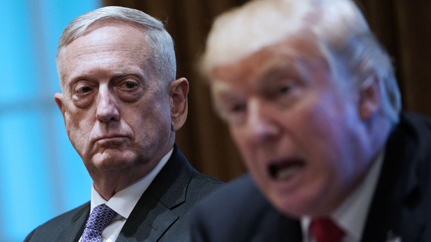 US President Donald Trump speaks as Defense Secretary James Mattis (L) looks on during a meeting with senior military leaders in the Cabinet Room of the White House on October 5, 2017. / AFP PHOTO / MANDEL NGAN (Photo credit should read MANDEL NGAN/AFP/Getty Images)