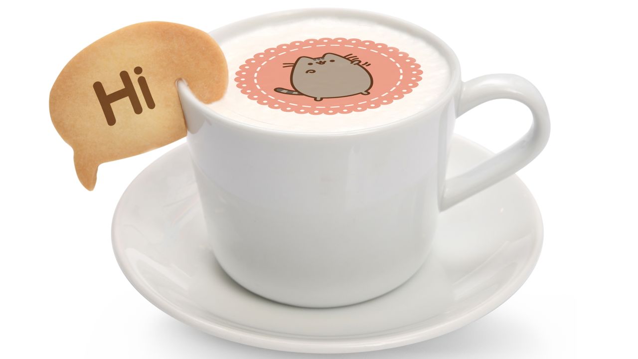 Drinks include lattes and hot cocoas with Pusheen's face on them.