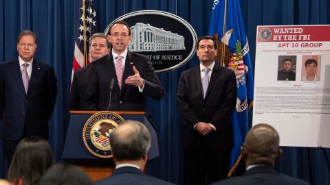 US Deputy Attorney General Rod Rosenstein speaks at a press conference about Chinese hacking at the Justice Department in Washington, DC, on December 20, 2018.
