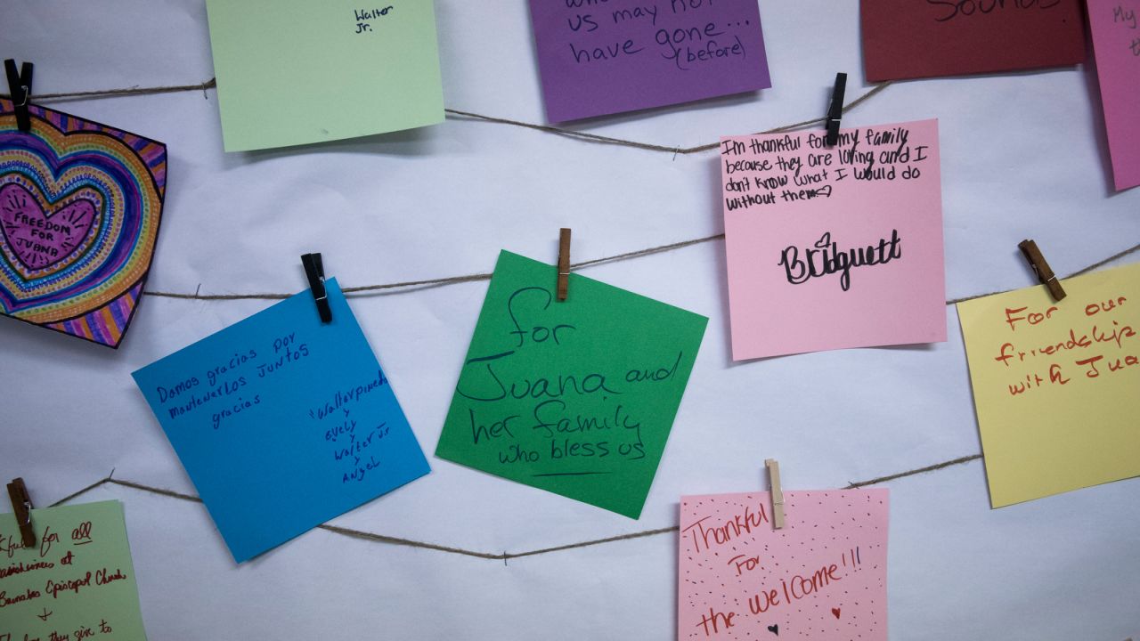 On a bulletin board at Saint Barnabas Episcopal Church in Greensboro, church members and Juana's family have posted reasons why they're grateful.