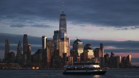 The skyline of lower Manhattan and One World Trade Center in New York City.