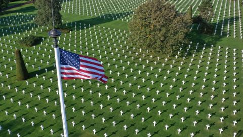 This aerial picture taken on October 15, 2018 shows Normandy American Cemetery close to Omaha beach in Colleville-sur-Mer, on the French western Norman coast. (Photo by DAMIEN MEYER / AFP)        (Photo credit should read DAMIEN MEYER/AFP/Getty Images)