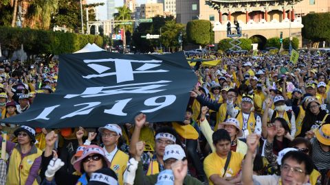 "Yellow Vest" protesters gather in Taipei to demonstrate against Taiwanese President Tsai Ing-wen's government.