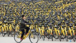 Ofo bikes waiting for repair or cleaning in Xiangyang, Hubei province, in January.