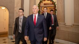 Vice President Mike Pence (C), and White House Senior Advisor Jared Kushner (2nd-R) leave Speaker of the House Paul Ryan's office on Capitol Hill on December 21, 2018 in Washington, DC. The U.S. Senate is considering a budget bill passed Thursday by the House of Representatives that would fund the federal government and includes more than $500 million for a wall along the U.S.-Mexico border. The Senate is unlikely to pass the bill with the wall funding, moving the government closer to a partial shut down just days before the Christmas holiday.