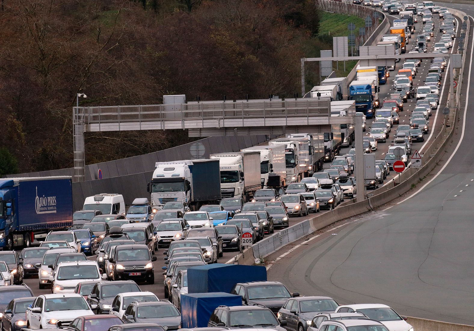 Protesters block a highway near the French border with Spain on December 22 in Biriatou, France.