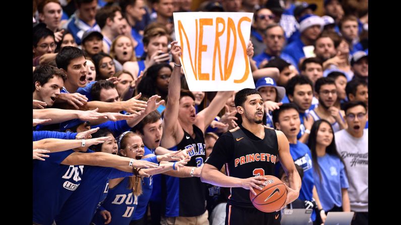 Duke Blue Devils fans taunt Jose Morales of the Princeton Tigers during the second half of their game at Cameron Indoor Stadium on December 18 in Durham, North Carolina. Duke routed the Tigers 101-50.