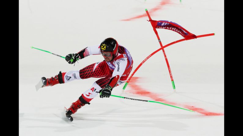 Austria's Marcel Hirsher attempts to maintain his balance during the Men's Parallel Giant Slalom at the Alpine Ski World Cup in Alta Badia, Italy on December 17.