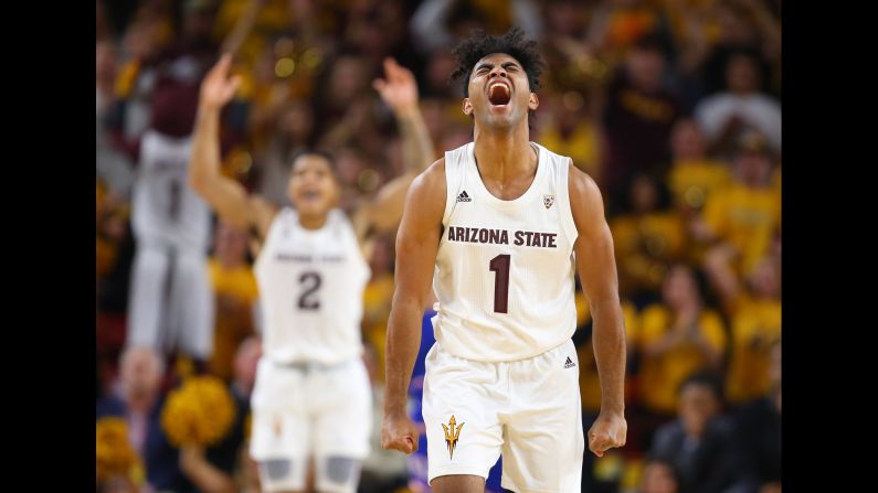 Arizona State Sun Devils guard Remy Martin celebrates in the second half against the Kansas Jayhawks at Wells Fargo Arena on December 22. <a href="index.php?page=&url=https%3A%2F%2Fbleacherreport.com%2Farticles%2F2812095-no-18-arizona-state-upsets-dedric-lawson-no-1-kansas-80-78" target="_blank" target="_blank">The 18th ranked Sun Devils upset the No. 1 Jayhawks,</a> handing Kansas its first loss of the season.