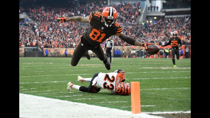 Rashard Higgins of the Cleveland Browns dives for a touchdown during the third quarter of a game against the Cincinnati Bengals at FirstEnergy Stadium on December 23 in Cleveland, Ohio. Cleveland won the game 26-18.