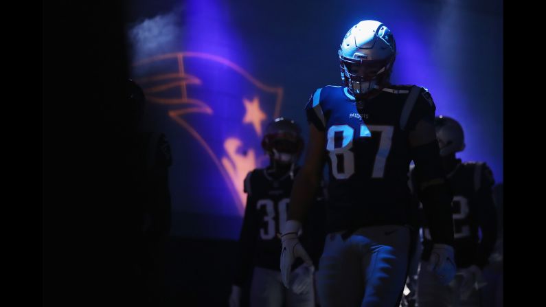 Rob Gronkowski of the New England Patriots walks through the tunnel prior to the game against the Buffalo Bills at Gillette Stadium on December 23 in Foxborough, Massachusetts. The Patriots won the game 24-12 to clinch the AFC East Division title.