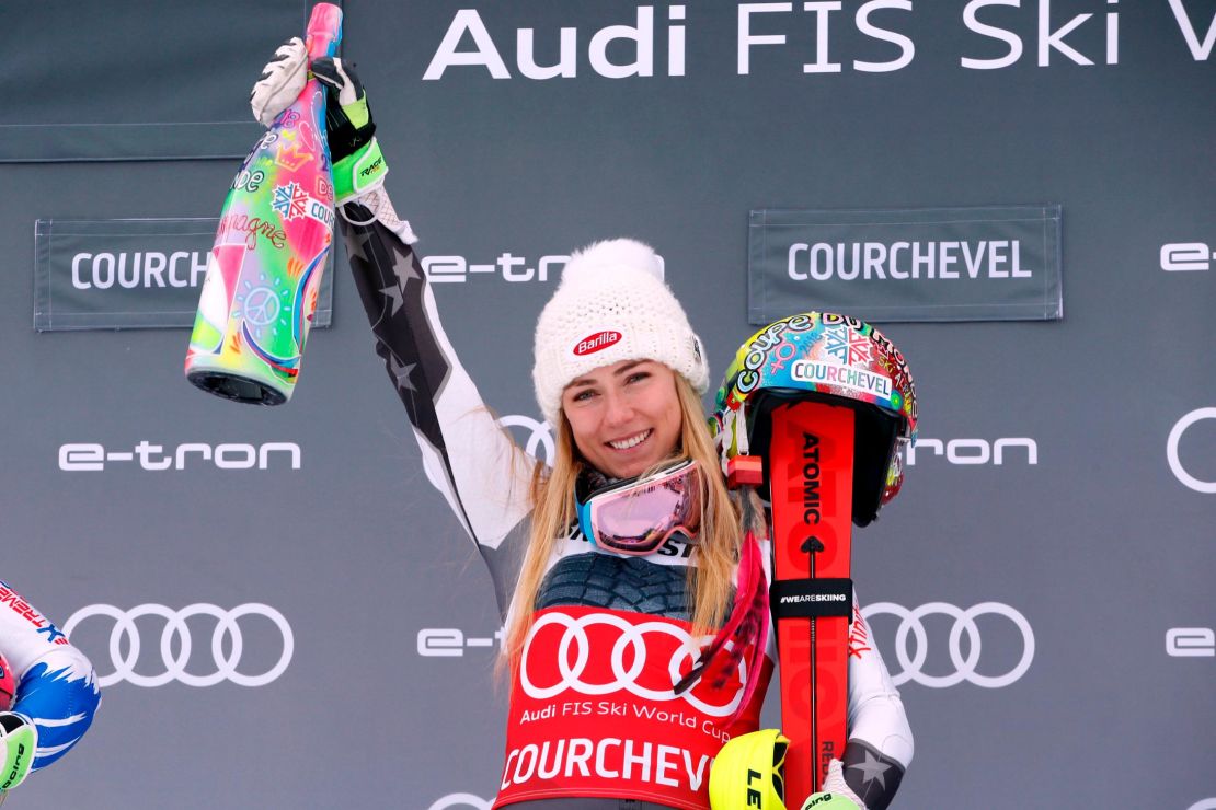 Mikaela Shiffrin celebrates a fourth straight victory at Courchevel.