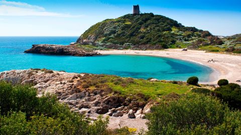 Baia Chia has white sands, golden dunes and turquoise waters.