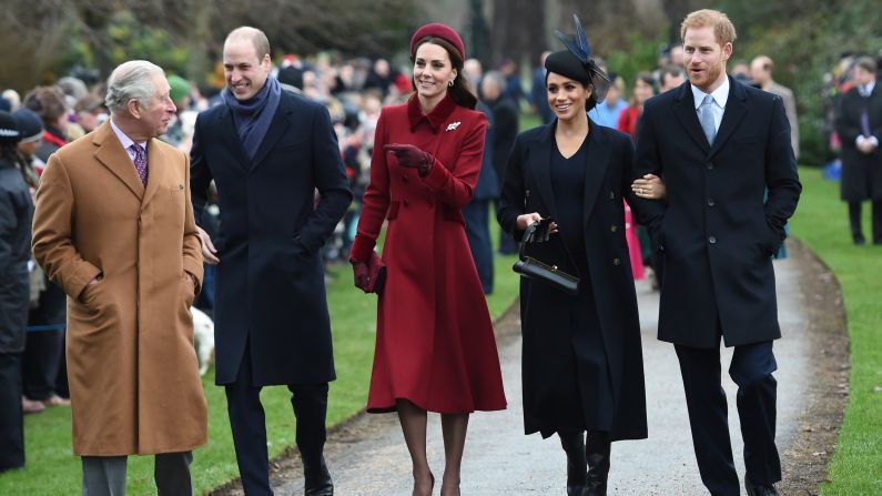 The Prince of Wales, the Duke of Cambridge, the Duchess of Cambridge, the Duchess of Sussex and the Duke of Sussex arriving to attend the Christmas Day morning church service at St. Mary Magdalene Church. 