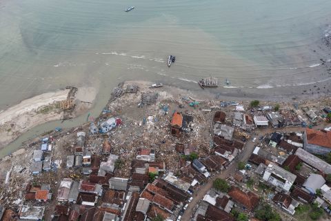 An aerial view of an affected area of Sumur.