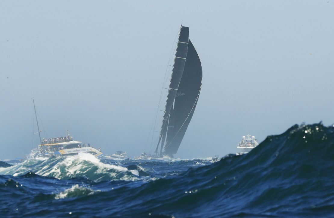 Supermaxi Blackjack battles the swell at the start of the Sydney-Hobart yacht race on Boxing Day.