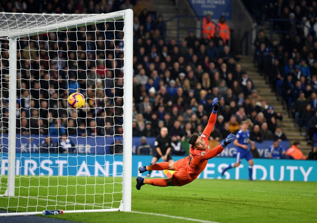 Manchester City goalkeeper Ederson can only watch as Ricardo Pereira's shot flies past him for Leicester City's winner.