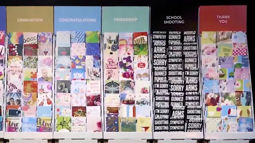 A new video from an advocacy group shows "school shooting" greeting cards.