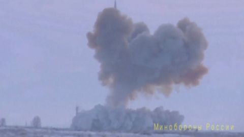 A still image taken from video footage released by Russia's Defense Ministry on December 26, 2018, shows a test launch of an Avangard new hypersonic missile in the Orenburg Region.