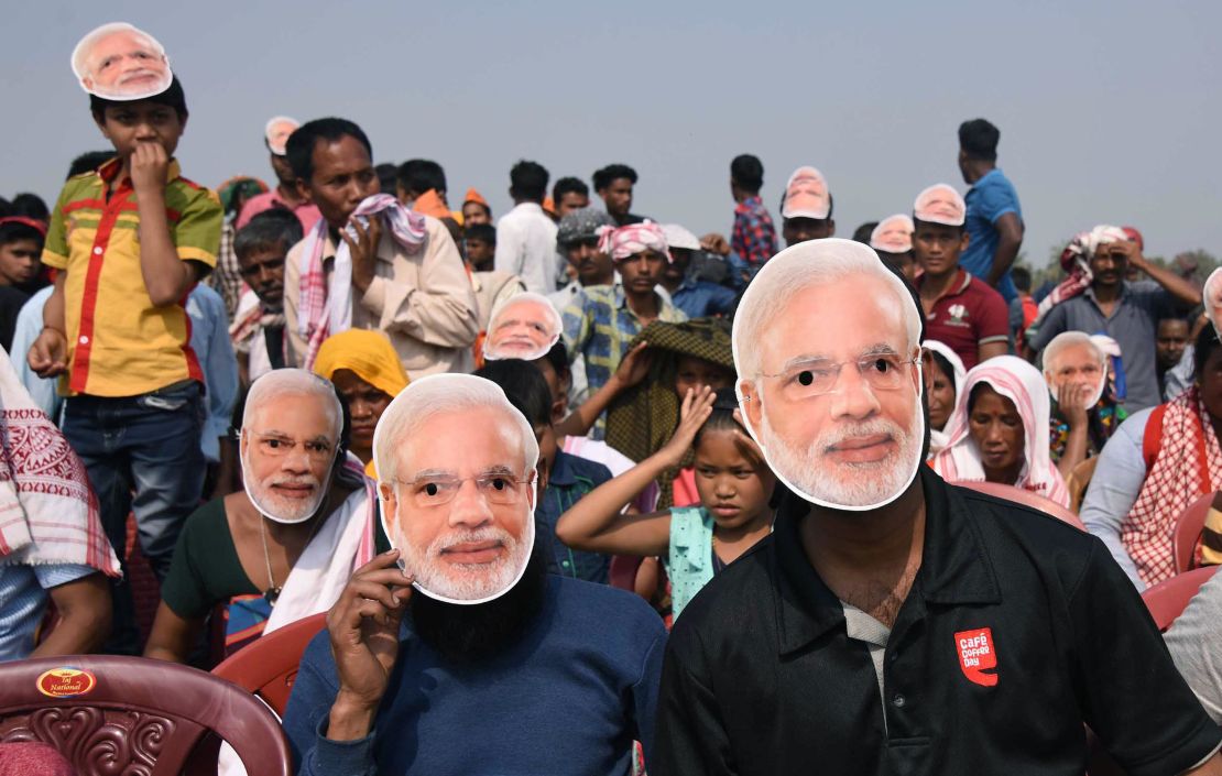 Supporters of the Bharatiya Janata Party (BJP) pictured wearing Modi masks in February 2018.