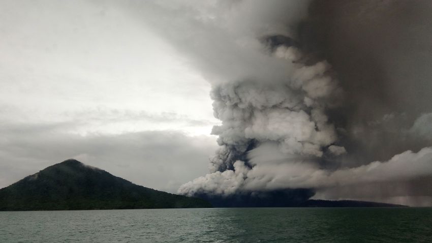 This picture taken on December 26, 2018 shows the Anak (Child) Krakatoa volcano erupting, as seen from a ship on the Sunda Straits. - Indonesia on December 27 raised the danger alert level for a volcano that sparked a killer tsunami, after previously warning that fresh activity at the crater threatened to launch another deadly wave. (Photo by STR / AFP)        (Photo credit should read STR/AFP/Getty Images)