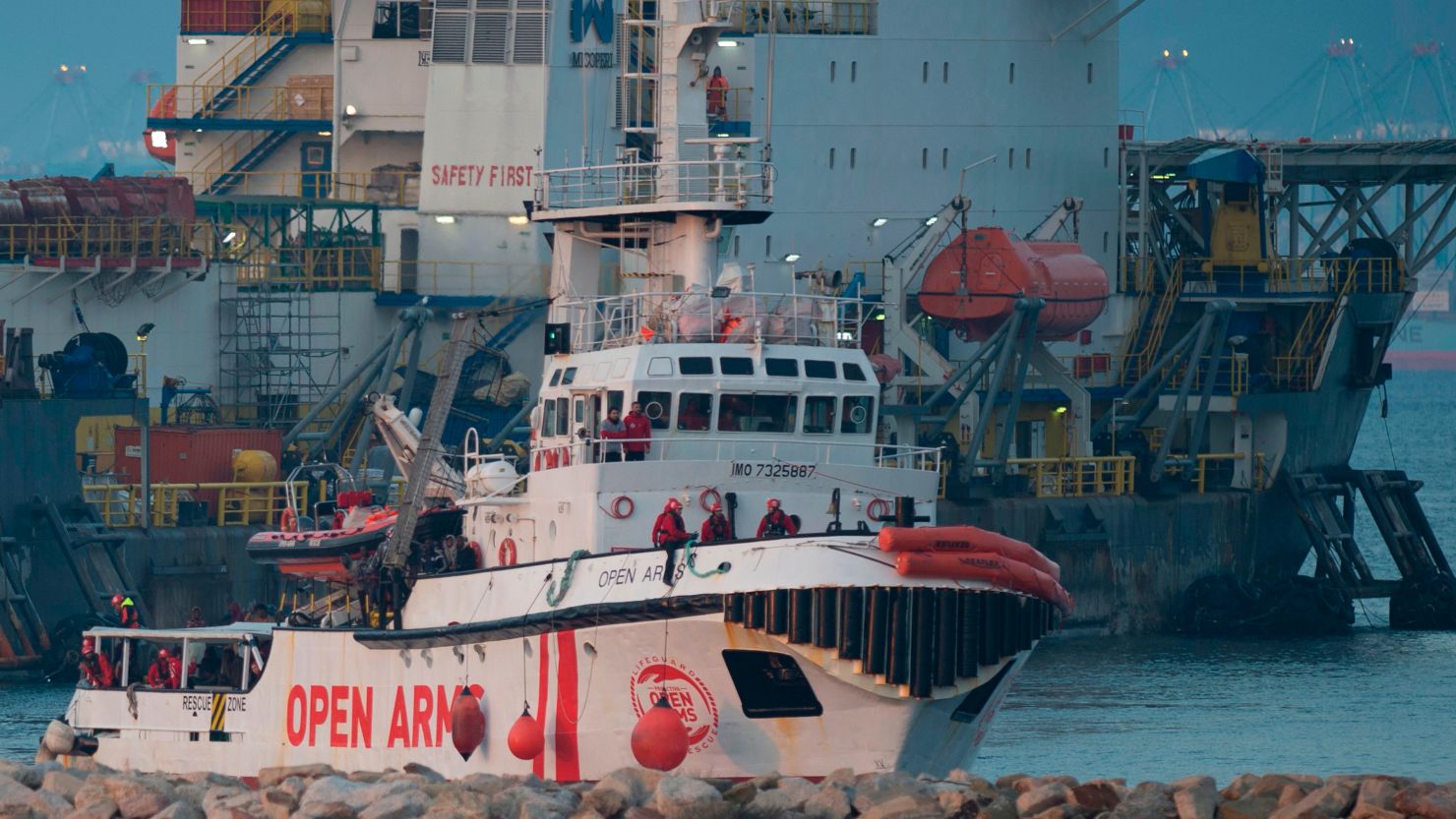 The ship of Spanish NGO Proactiva Open Arms arrives with 311 migrants on board in the southern Spanish port of Algeciras, in Campamento near San Roque, on December 28.