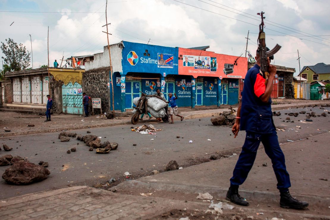 Congolese National Police patrol the Majengo area of Goma, in North Kivu province, on December 28.