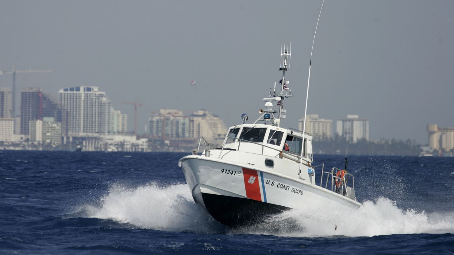 MIAMI - MARCH 08:  A U.S. Coast Guard boat participates in the Homeland Security Task Force Southeast  mass migration drill March 8, 2007 off the shore of  Miami, Florida. Hundreds of response personnel from more than 50 local, county, state and federal agencies participated in the two-day exercise that was simulating a large, sudden change in the migration process in Cuba and the United States' response.  (Photo by Joe Raedle/Getty Images)