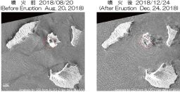 A satellite image comparison of Anak Krakatau before and after the tsunami.