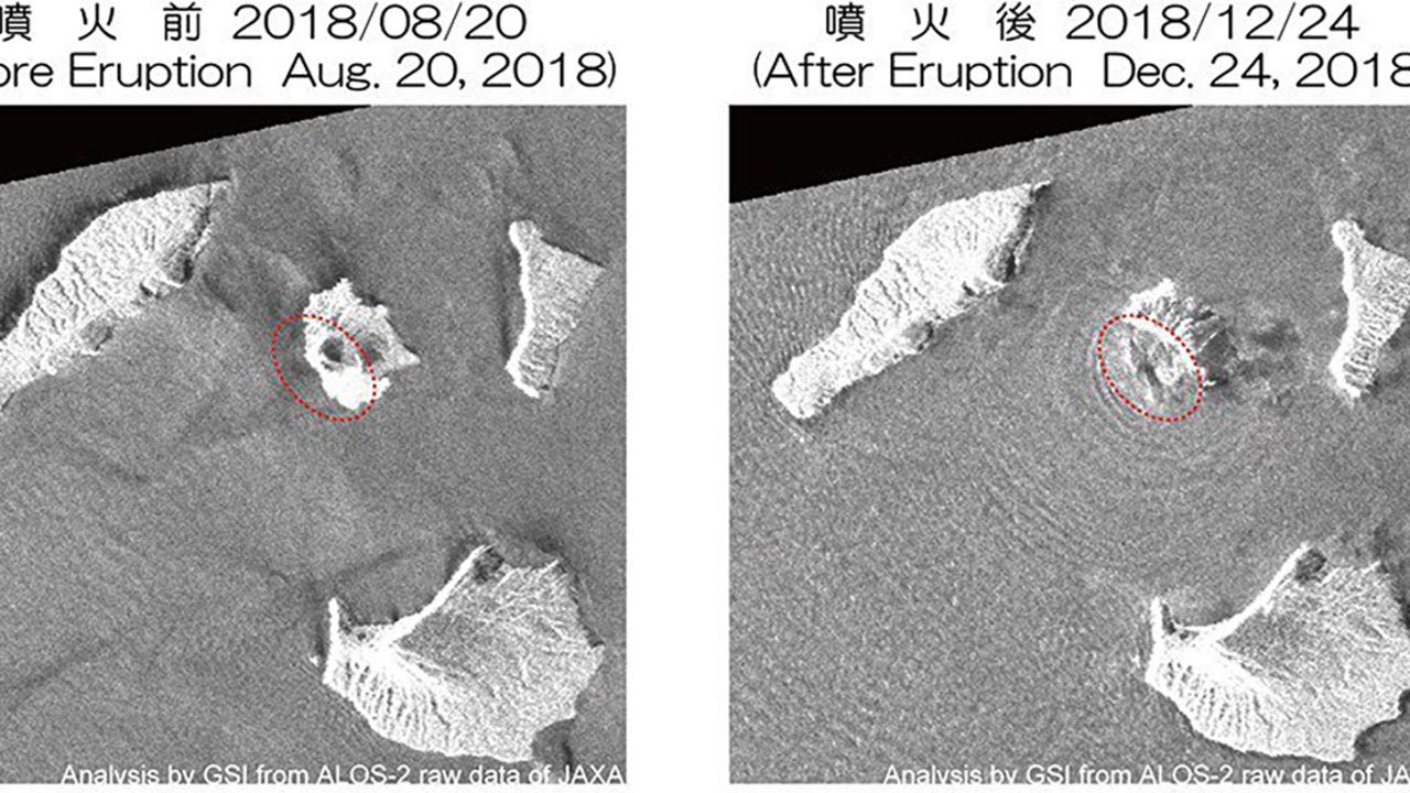 A satellite image comparison of Anak Krakatau before and after the tsunami.
