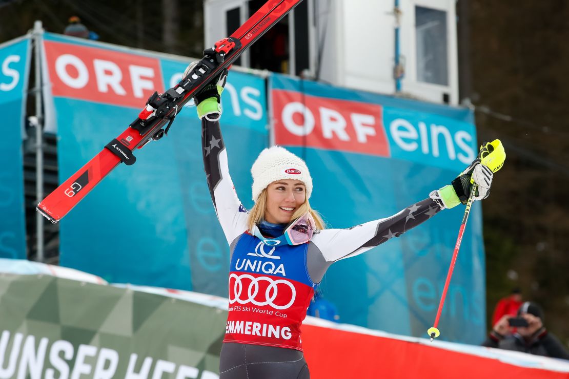 Mikaela Shiffrin of the USA celebrates her record-breaking victory in the World Cup event in Semmering in Austria.