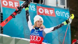 Mikaela Shiffrin of the USA celebrates her record breaking victory in the World Cup event in Semmering in Austria. 
