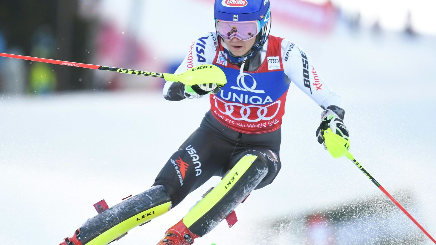Mikaela Shiffrin turns on the style during her record breaking victory in the World Cup slalom event in Semmering in Austria to record her 15th World Cup victory of the season. 