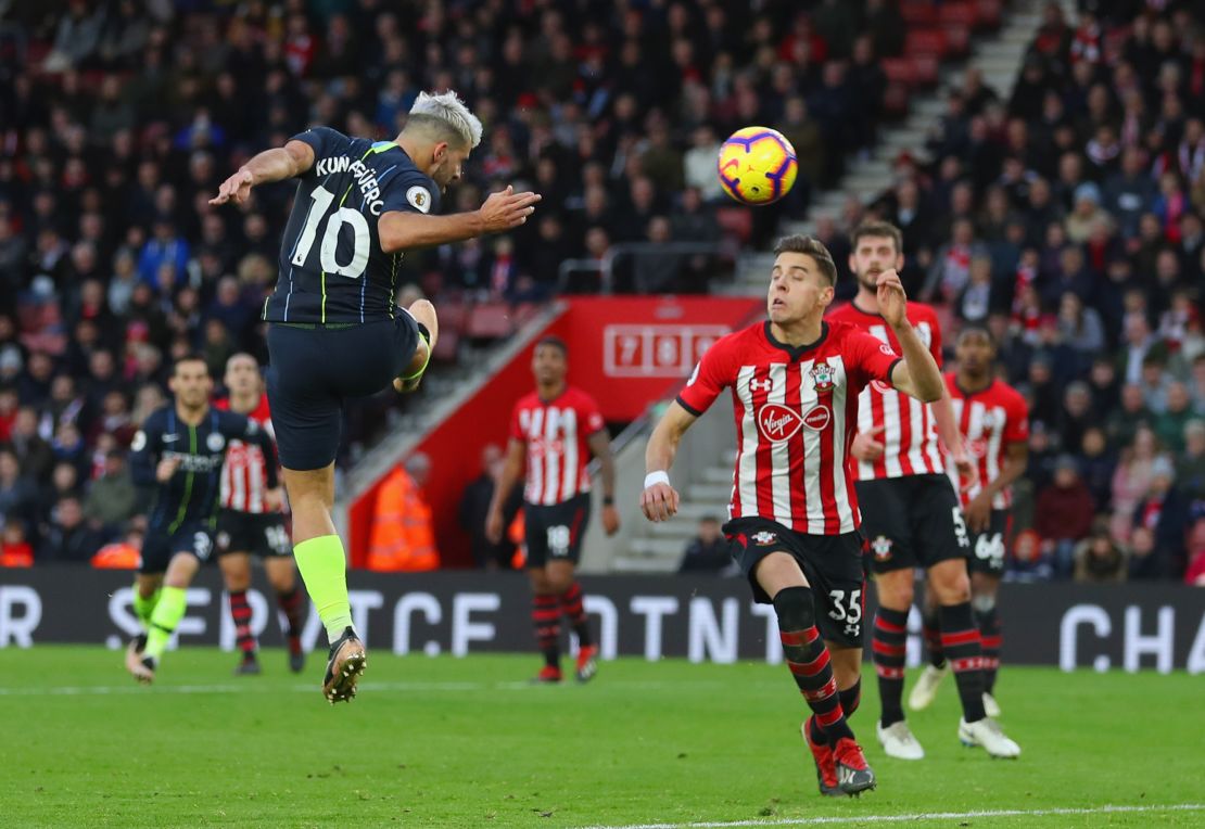 Sergio Aguero heads home Manchester City's third goal in the victory at St Mary's Stadium over Southampton.