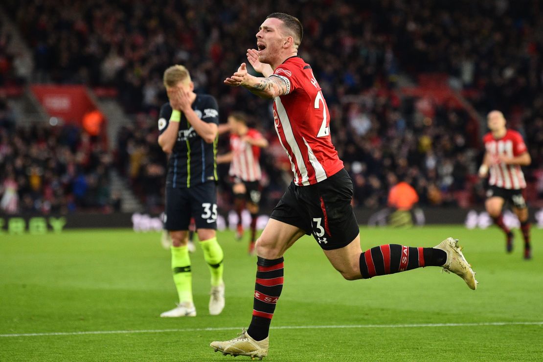 Manchester City's Oleksandr Zinchenko has his head in his hands after his mistake led to the equalizer from Southampton's Danish midfielder Pierre-Emile Hojbjerg.