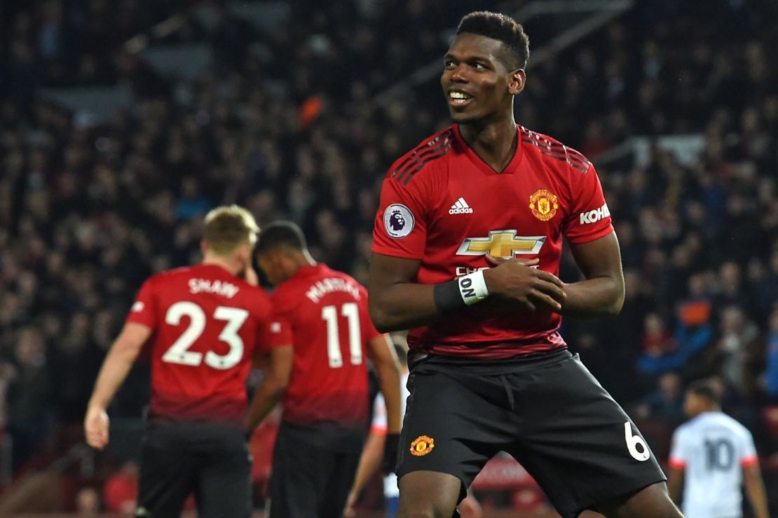 Manchester United's French midfielder Paul Pogba celebrates after scoring the opening goal in the 4-1 win over Bournemouth at Old Trafford. 
