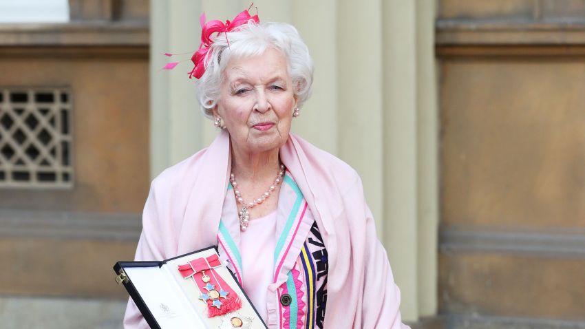 LONDON, UNITED KINGDOM - NOVEMBER 16:  Dame June Whitfield after she was made a dame by the Prince of Wales during an Investiture ceremony at Buckingham Palace on November 16, 2017 in London, England.  (Photo by Jonathan Brady/WPA-Pool/Getty Images)
