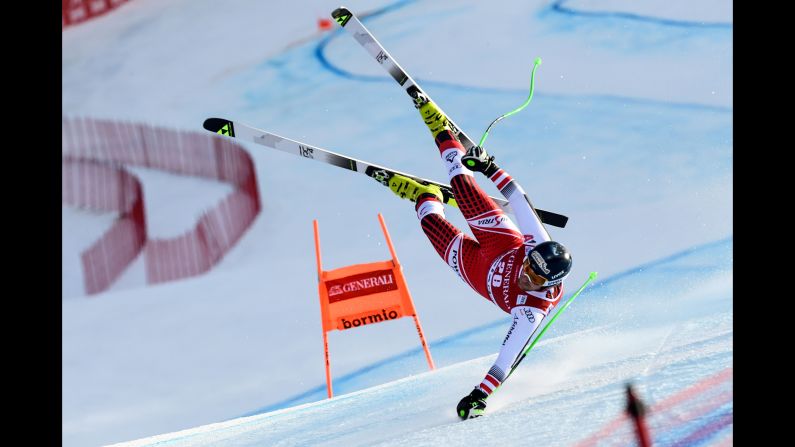 Austria's Johannes Kroell falls during the FIS Alpine Ski World Cup men's downhill competition on December 28 in Bormio, in the Italian Alps. 