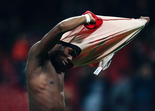 Manchester United's Paul Pogba takes off his shirt during a Premier League match in Manchester, England, on December 26. 