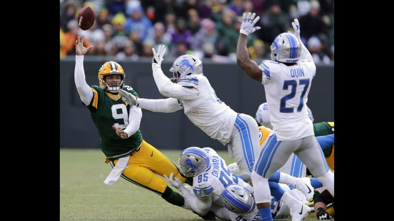 Green Bay Packers quarterback DeShone Kizer throws a fourth quarter interception against the Detroit Lions during a football game in Green Bay, Wisconsin, on Sunday, December 30.
