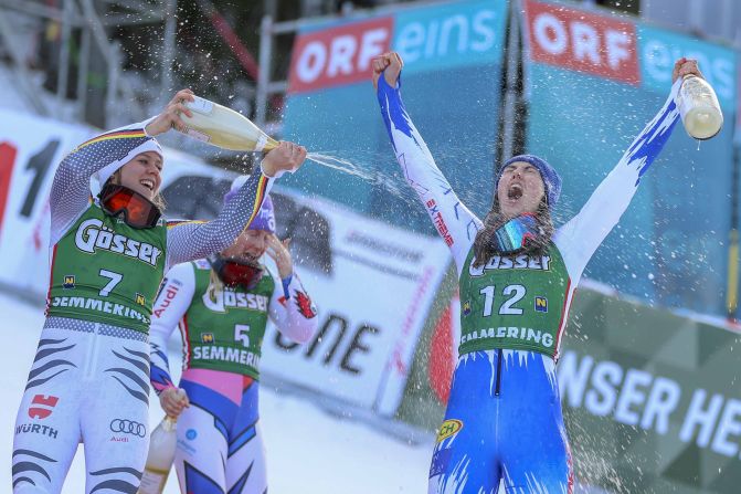 From left: Germany's Viktoria Regensburg, France's Tessa Worley and Slovakia's Petra Vlhova celebrate at the Ski World Cup women's giant slalom on December 28 in Semmering, Austria. 