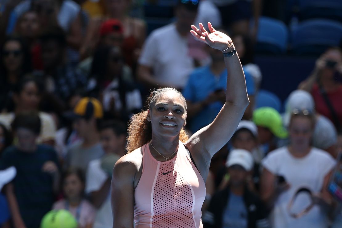 Serena Williams of the United States celebrates winning her Hopman Cup singles match against Maria Sakkari of Greece.