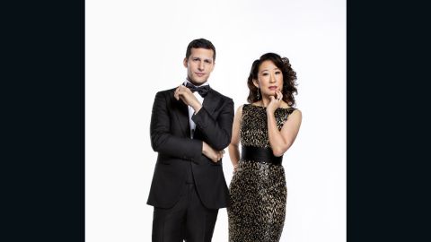 Andy Samberg, left,  and Sandra Oh will host the 76th Golden Globes.