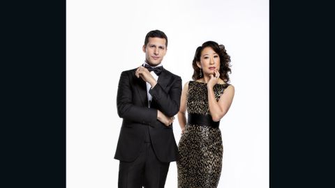 Andy Samberg, left, and Sandra Oh will host the 76th Golden Globes.