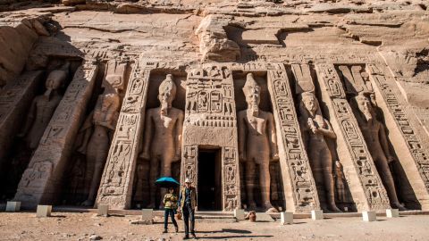 The ancient Egyptian temple of Abu Simbel stands on the shores of Lake Nasser.